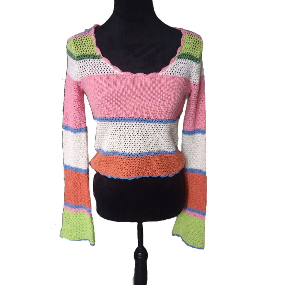 Hippie Rose Women's Long Sleeve Muticolor Colorblock Open Knit Sweater